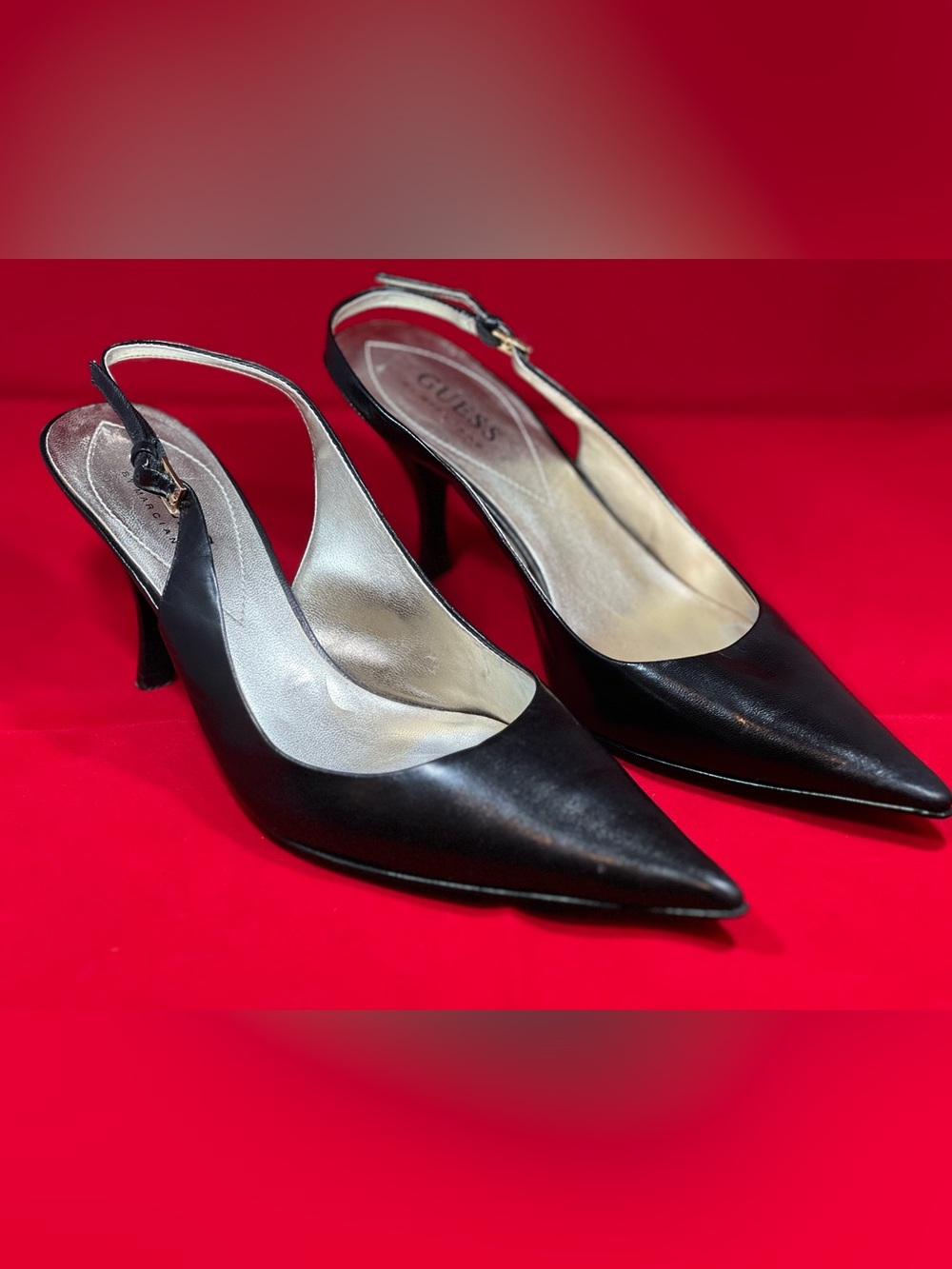 GUESS by Marciano Black Leather Pointed Toe Slingback Heels Size 7 Y2K